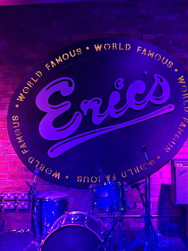 Eric's venue neon signage above bespoke metalwork, Liverpool