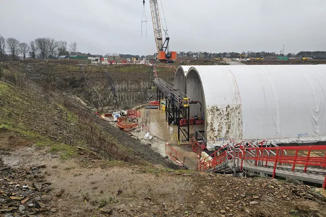 HS2 tunnel portal and site compound viewed across the works