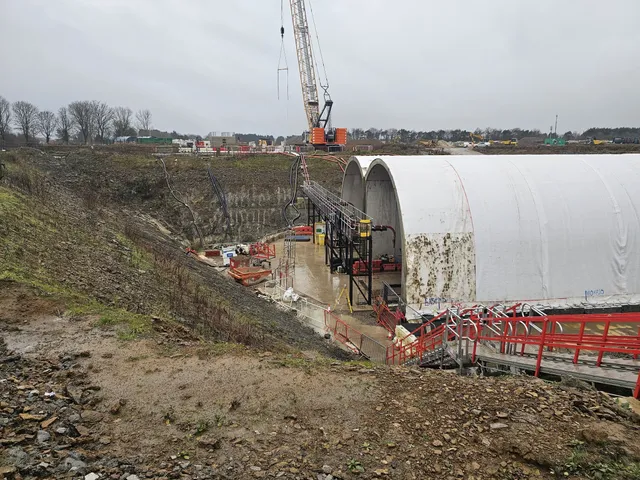 HS2 tunnel portal and site compound viewed across the works