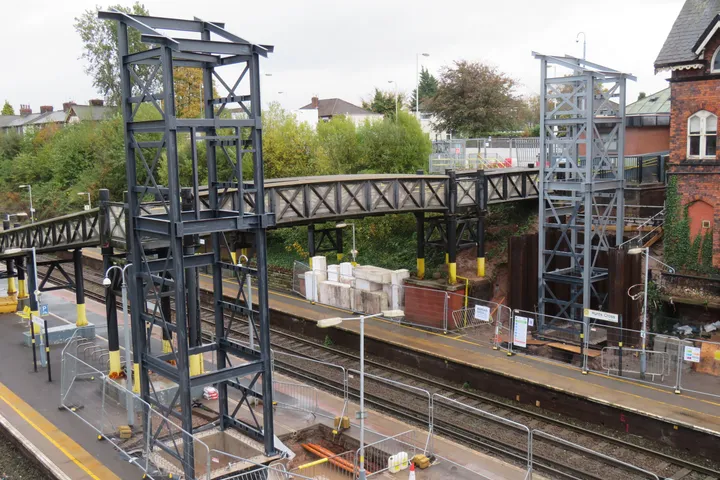 Completed Meols station footbridge and twin lift towers in service