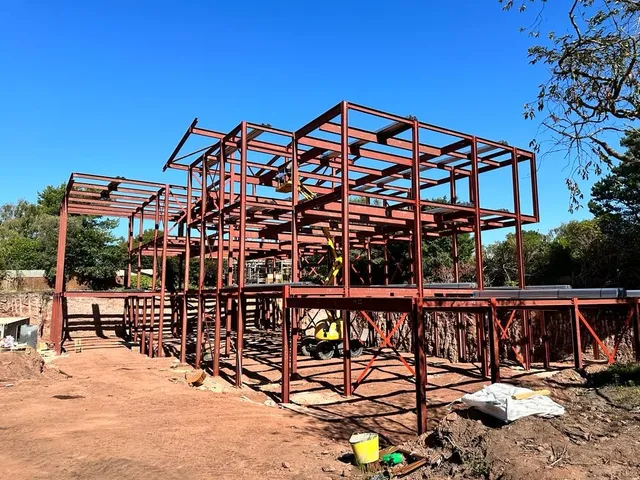 Multi-storey structural steel frame under erection