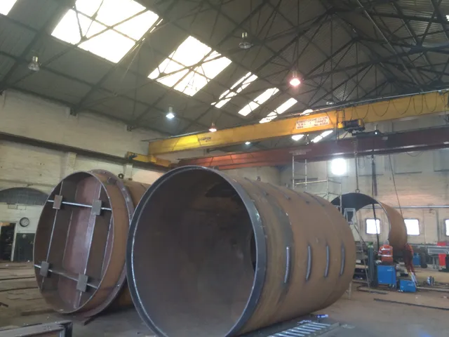 Large-diameter rolled steel cylinders under fabrication in MSR's Bootle plate-rolling shop