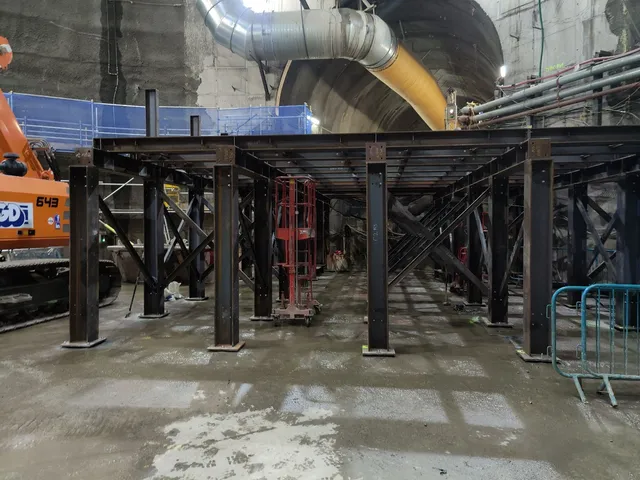 Steel temporary works propping installed beneath an existing deck