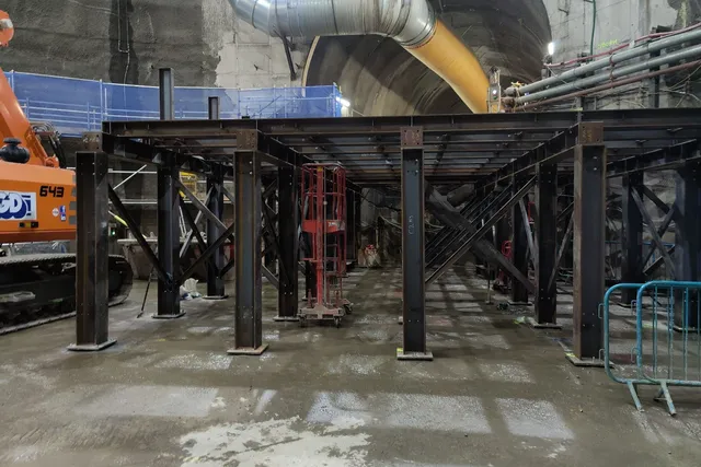 Steel temporary works propping installed beneath an existing deck