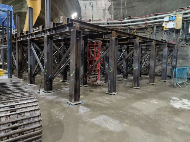 Heavy steel temporary works propping installed beneath an existing structure