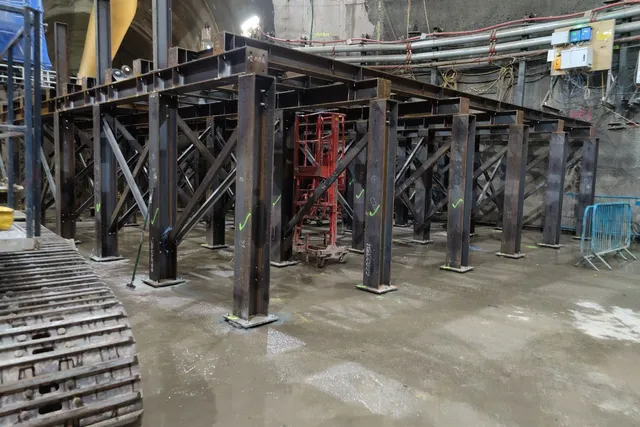 Heavy steel temporary works propping installed beneath an existing structure